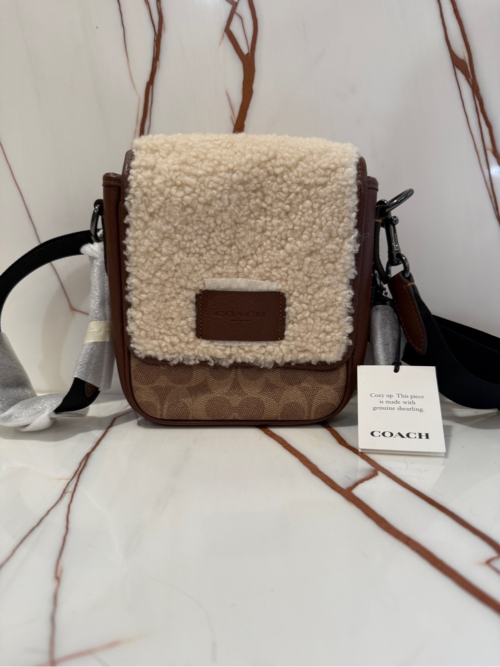 Coach Brown Signature Canvas Messenger with Cream Shearling Flap